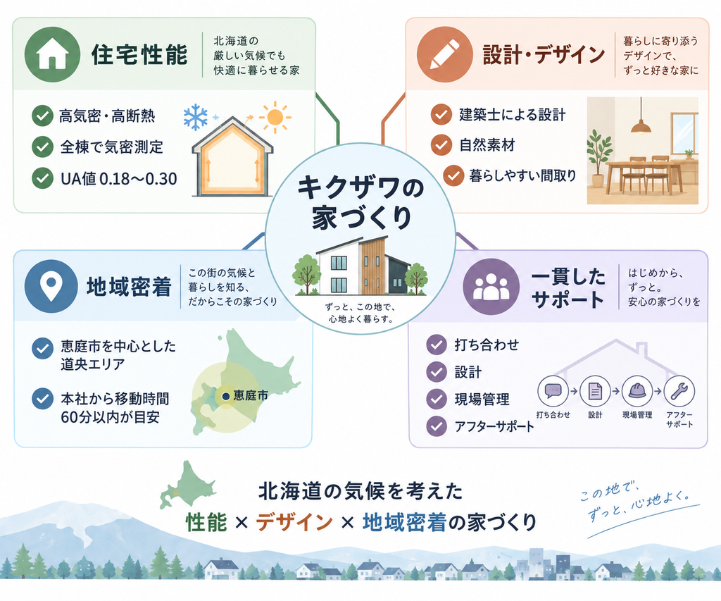 キクザワの家づくりを、住宅性能・設計とデザイン・地域密着・一貫したサポートの4要素で整理した図解