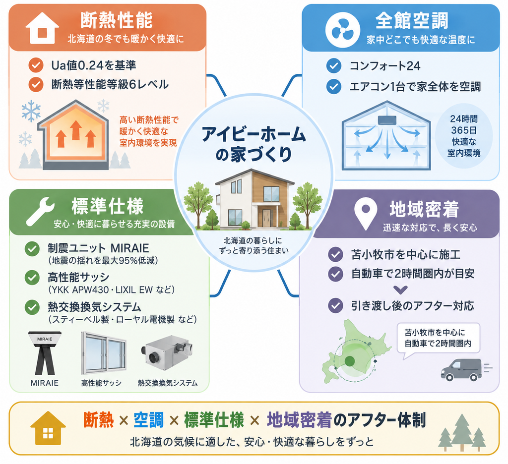 アイビーホームの家づくりの特徴を、Ua値0.24を基準とする断熱性能、全館空調コンフォート24、制震・サッシ・換気などの標準仕様、苫小牧市を中心とした地域密着のアフター体制の4項目で示した図解 