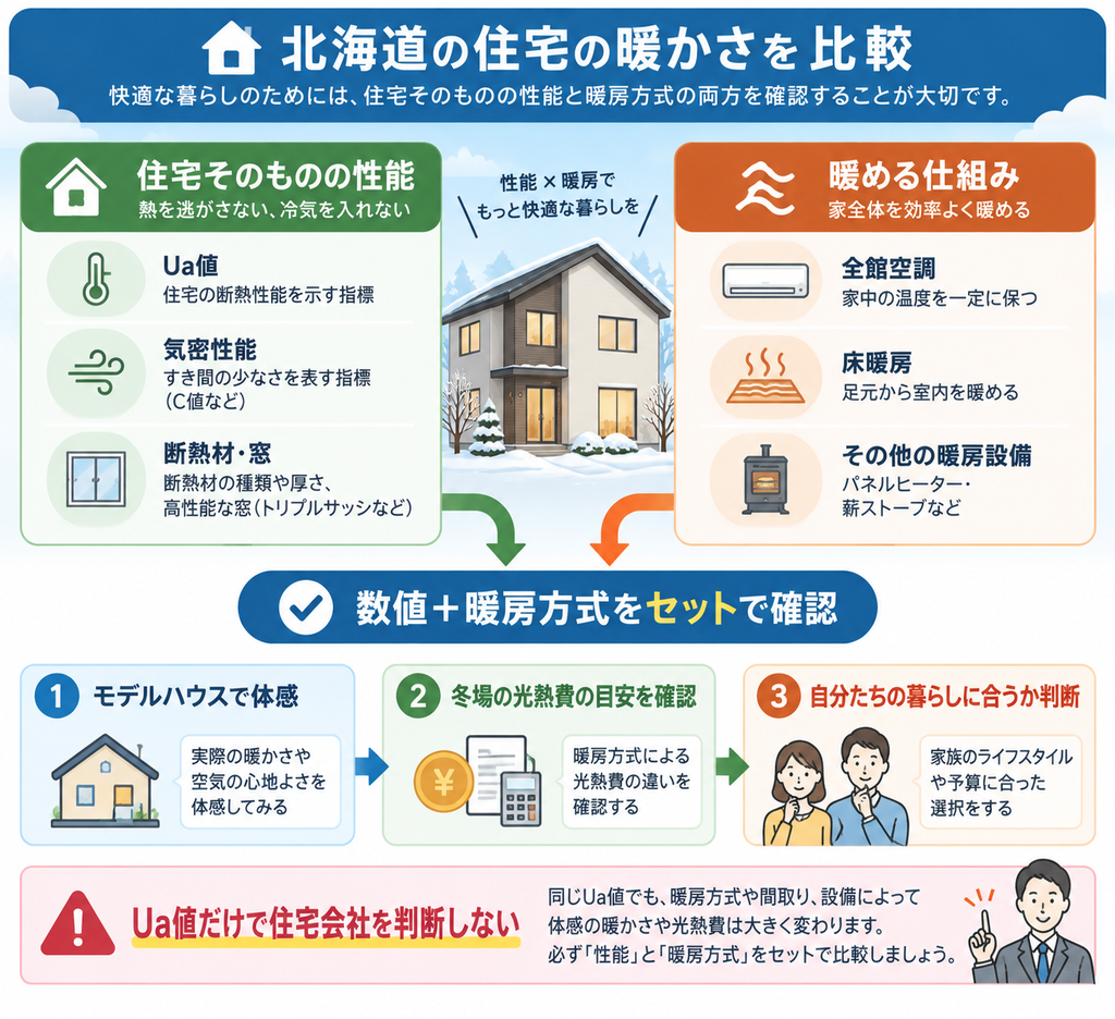 北海道の住宅の暖かさを比較する際に、Ua値・気密性能・断熱材や窓などの住宅性能と、全館空調・床暖房などの暖房方式をセットで確認する考え方を示した図解