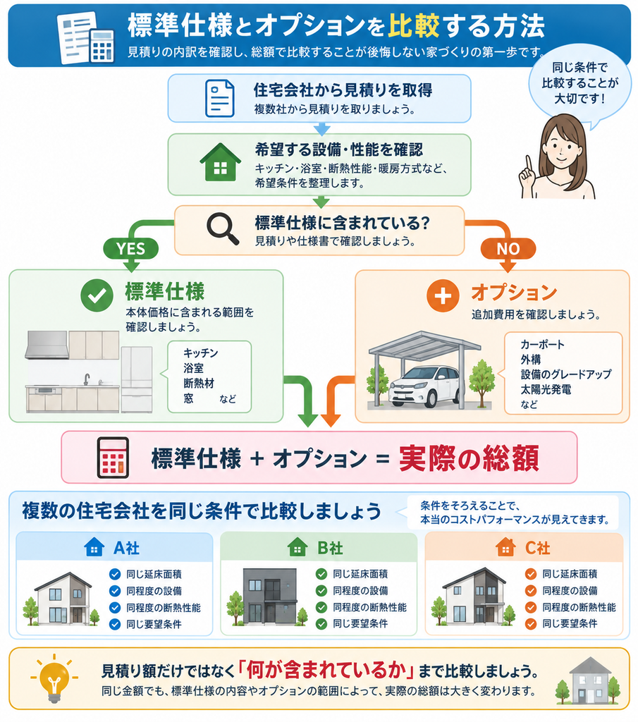 住宅会社の見積りで希望設備が標準仕様に含まれるかを確認し、オプション費用を加えた実際の総額を、延床面積・設備・断熱性能など同じ条件で複数社比較する方法を示した図解