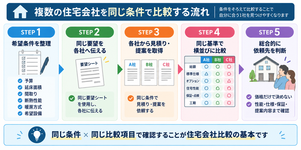 希望条件の整理から同じ要望での見積もり取得、総額・仕様・性能・保証などの比較、依頼先決定まで、複数の住宅会社を同じ条件で比較する5ステップを示した図解 