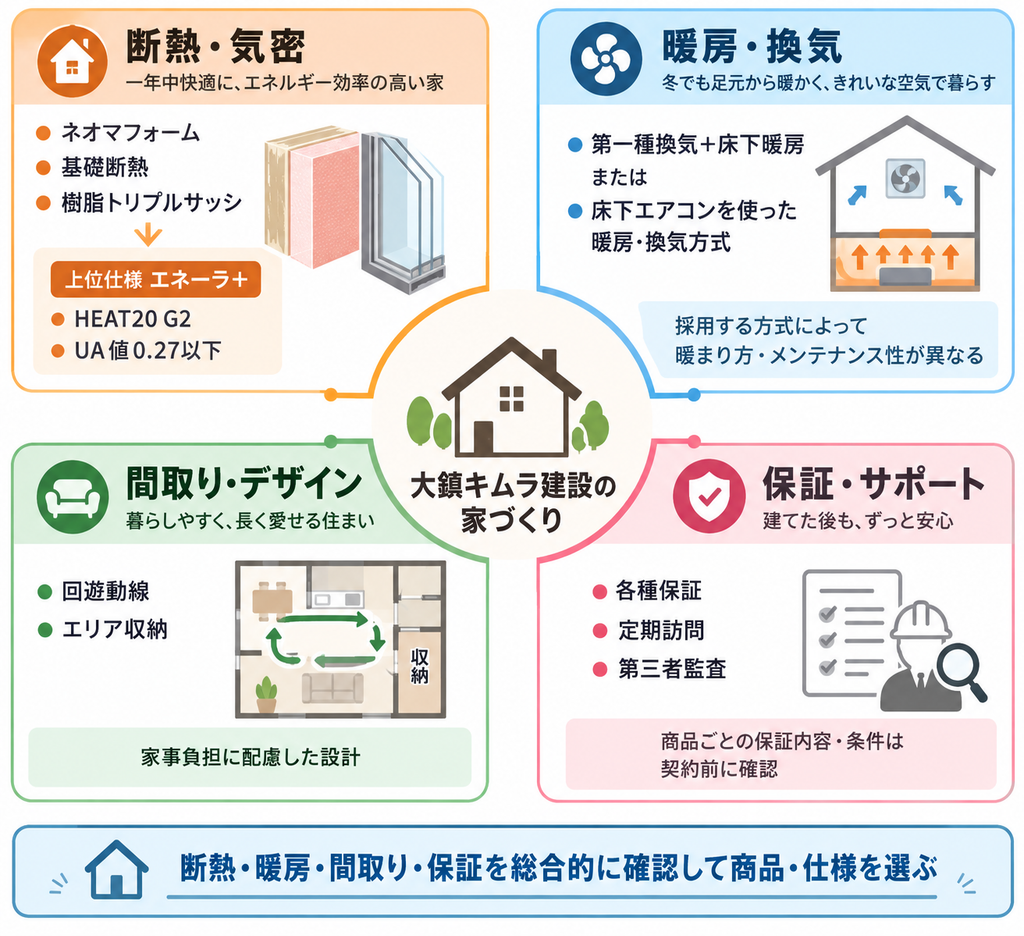 大鎮キムラ建設の家づくりにおける断熱・気密、暖房・換気、間取り・デザイン、保証・サポートの4つの特徴をまとめた図解。
