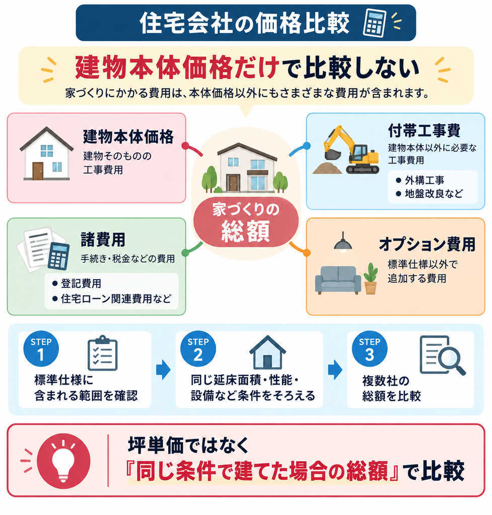 住宅会社の見積もりを建物本体価格・付帯工事費・諸費用・オプション費用に分け、同じ条件で家づくりの総額を比較する考え方を示した図解。