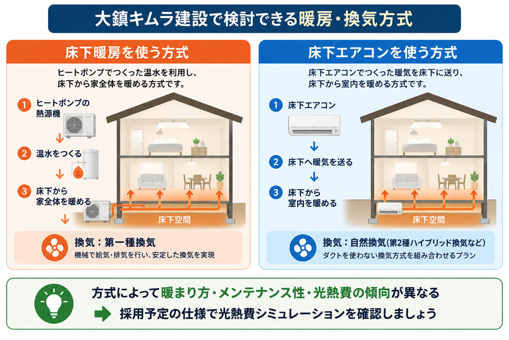 大鎮キムラ建設で検討できる床下暖房と床下エアコンの仕組み、暖め方、換気方式の違いを比較した図解。