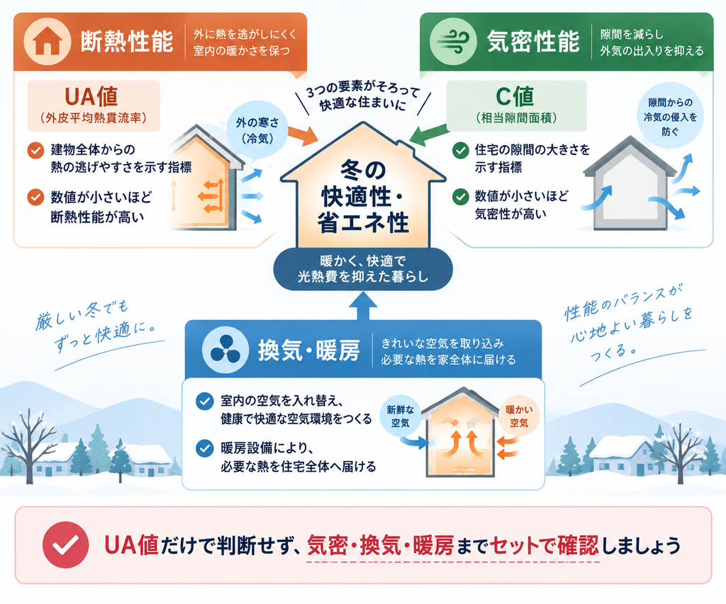 住宅の冬の快適性・省エネ性を支える断熱性能・気密性能・換気・暖房の関係を示した図解