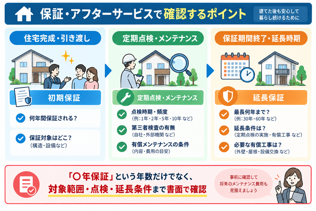 住宅完成・引き渡しから定期点検・メンテナンス、保証延長までの流れと、保証期間・対象範囲・点検頻度・延長条件などの確認ポイントを示した図解
