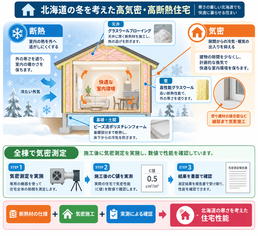 北海道の高気密・高断熱住宅について、基礎・壁・天井の断熱材、気密施工、全棟でのC値測定による性能確認の仕組みを示した図解。