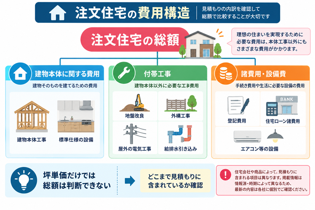 注文住宅の総額を建物本体に関する費用、付帯工事、諸費用・設備費の3つに分類し、坪単価だけでなく見積もりに含まれる範囲を確認する重要性を示した図解。