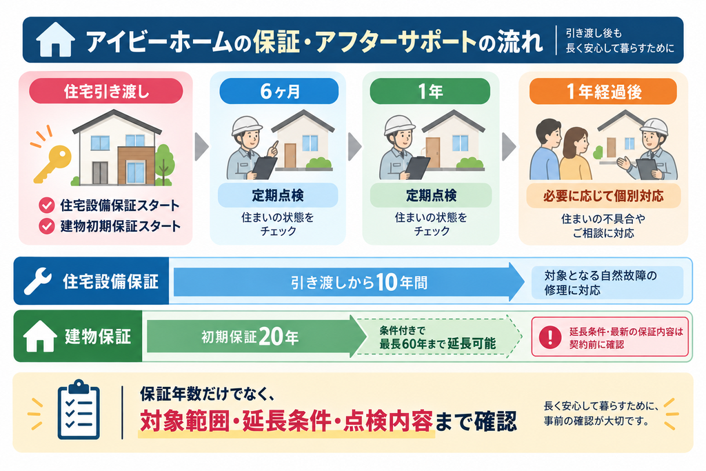 アイビーホームの住宅引き渡し後の6ヶ月・1年点検と個別対応、住宅設備10年保証、建物初期20年・最長60年保証の流れを示した図解