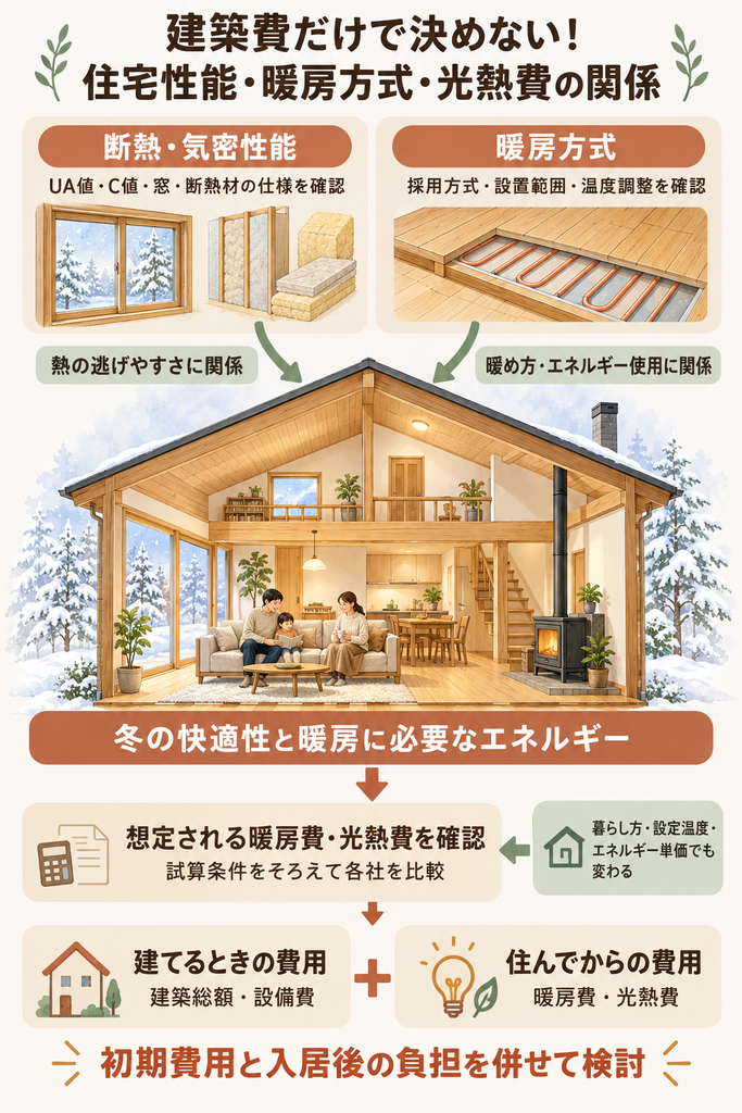住宅の断熱・気密性能と暖房方式が冬の快適性や光熱費に関係し、建築費と入居後の費用を併せて考える図解。