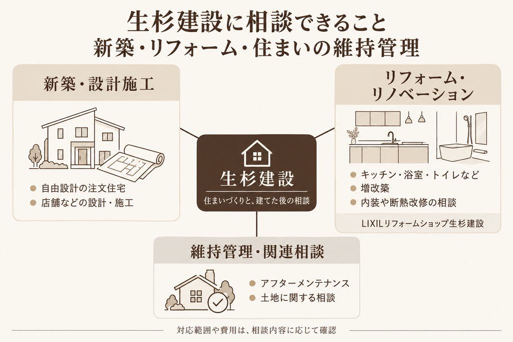 生杉建設に相談できる注文住宅、店舗設計、水回りや増改築のリフォーム、維持管理、土地相談を整理した関係図。