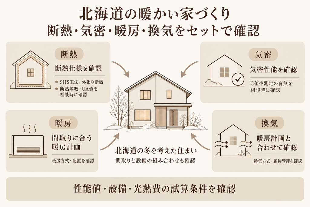 北海道の暖かい住まいを考える際に、断熱、気密、暖房、換気を組み合わせて確認する関係と相談項目を示した図。
