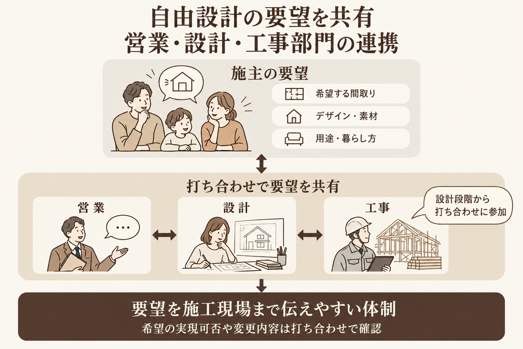 施主の間取りやデザインの要望を営業、設計、工事部門で共有し、設計段階から工事担当も参加する連携を示す図。