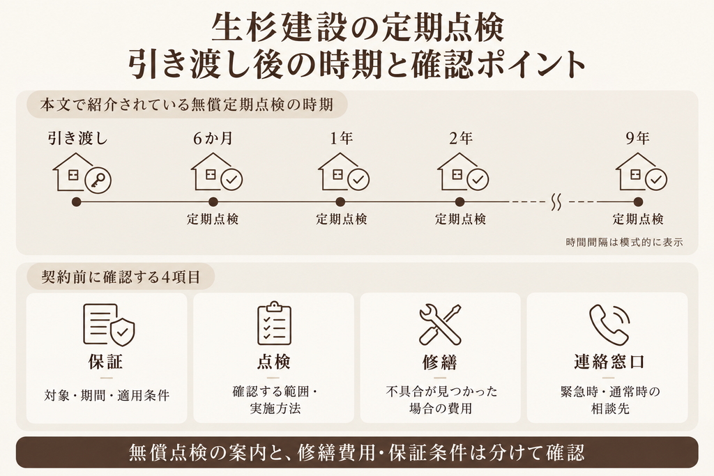 生杉建設の引き渡し後六か月、一年、二年、九年の定期点検時期と、保証、修繕費用、連絡窓口の確認事項を示す図。