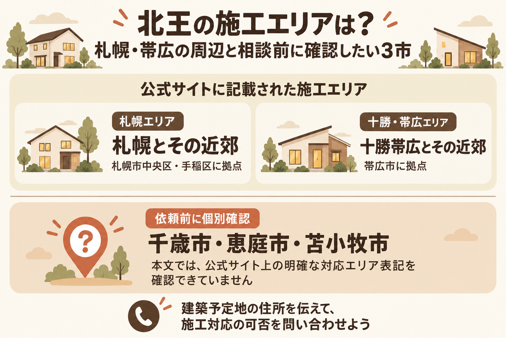 北王が公表する札幌・十勝帯広の近郊施工エリアと、千歳・恵庭・苫小牧で個別確認が必要なことを示す図。