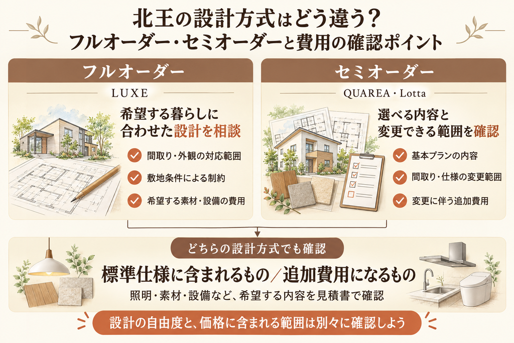 北王のフルオーダーとセミオーダーのブランドを整理し、設計の変更範囲と標準仕様・追加費用の確認点を示す図。