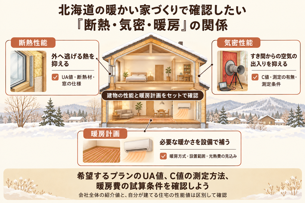 北海道の暖かい家づくりに関わる断熱・気密・暖房の役割と、UA値やC値、設備の確認項目を整理した図。