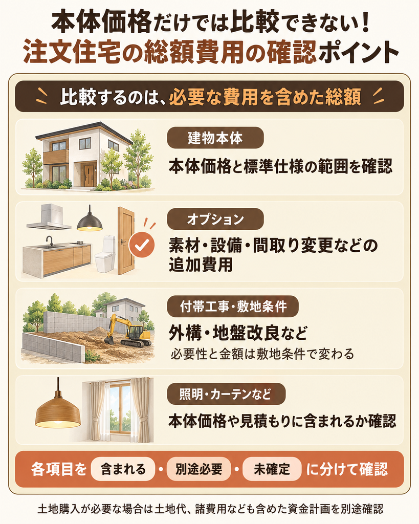注文住宅の本体価格に加え、オプション・付帯工事・照明などの包含範囲を確認し、総額で比較する考え方を示す図。