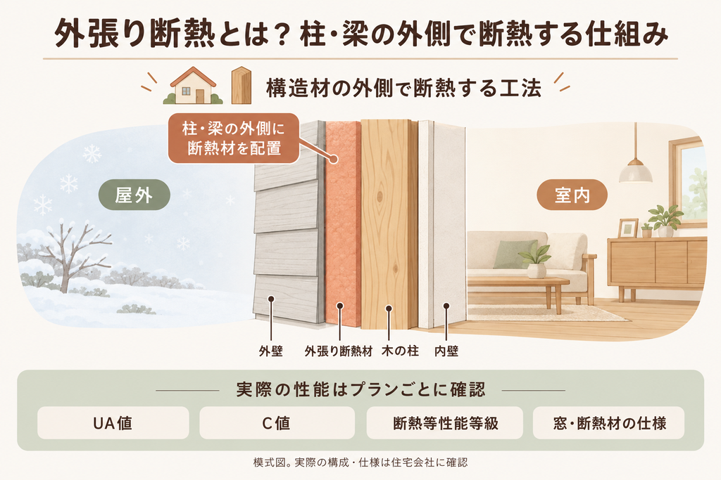 木造住宅の柱の外側に断熱材を配置する外張り断熱の仕組みと、住宅性能を比較するときの確認項目を示した図解。