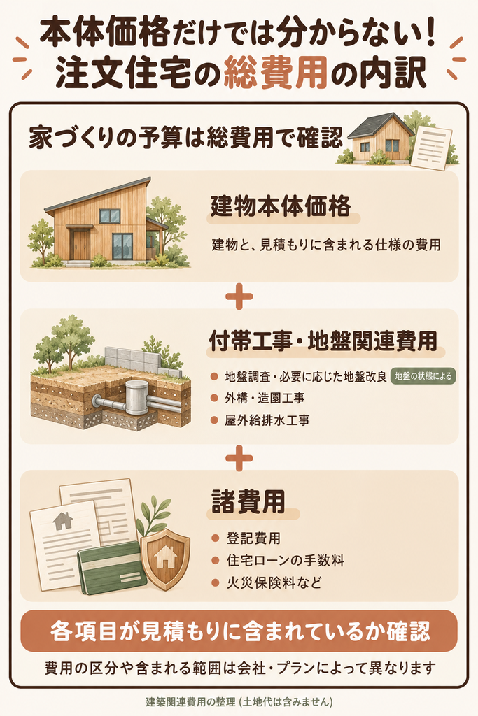 注文住宅の建物本体価格に、地盤・外構などの付帯工事費と登記・ローンなどの諸費用を加える関係を示した図解。